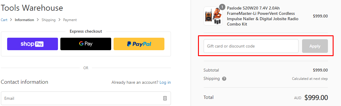 How do I use my Tools Warehouse gift card/discount code?