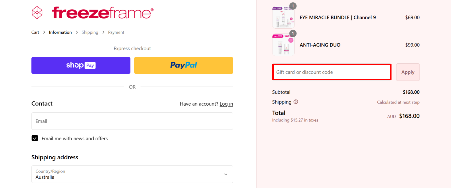 The brand checkout page with where to add the freezeframe discount code highlighted with a red box
