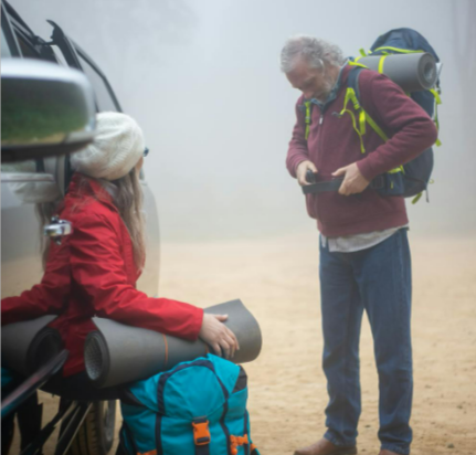 A couple preparing to go hiking