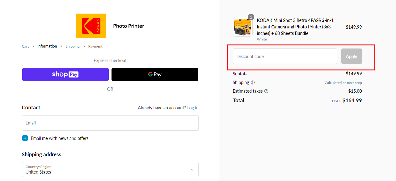 How do I use my KODAK PHOTO PRINTER discount code?