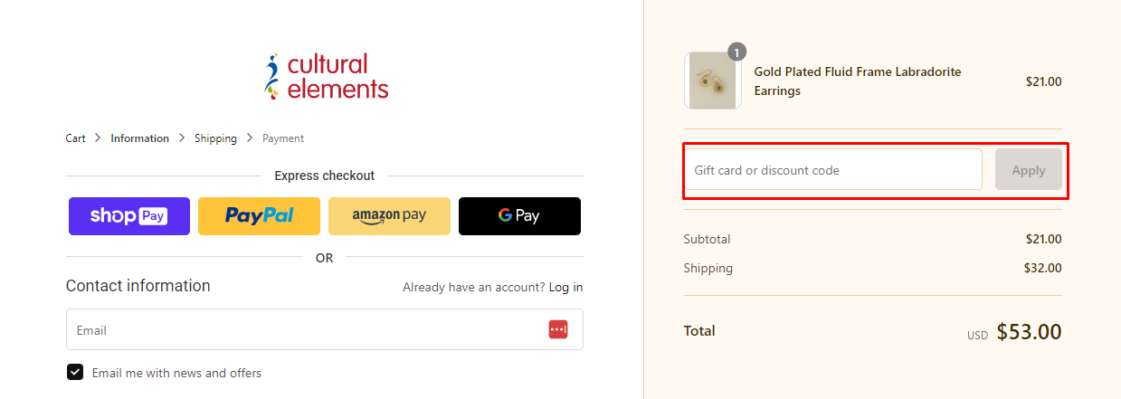How do I use my Cultural Elements discount code?