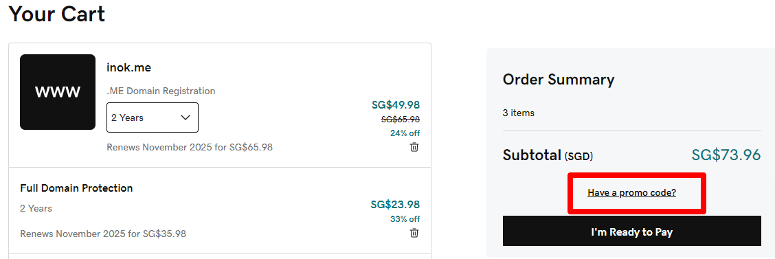 GoDaddy promo code box marked in red where customers put their code for it to be redeemed