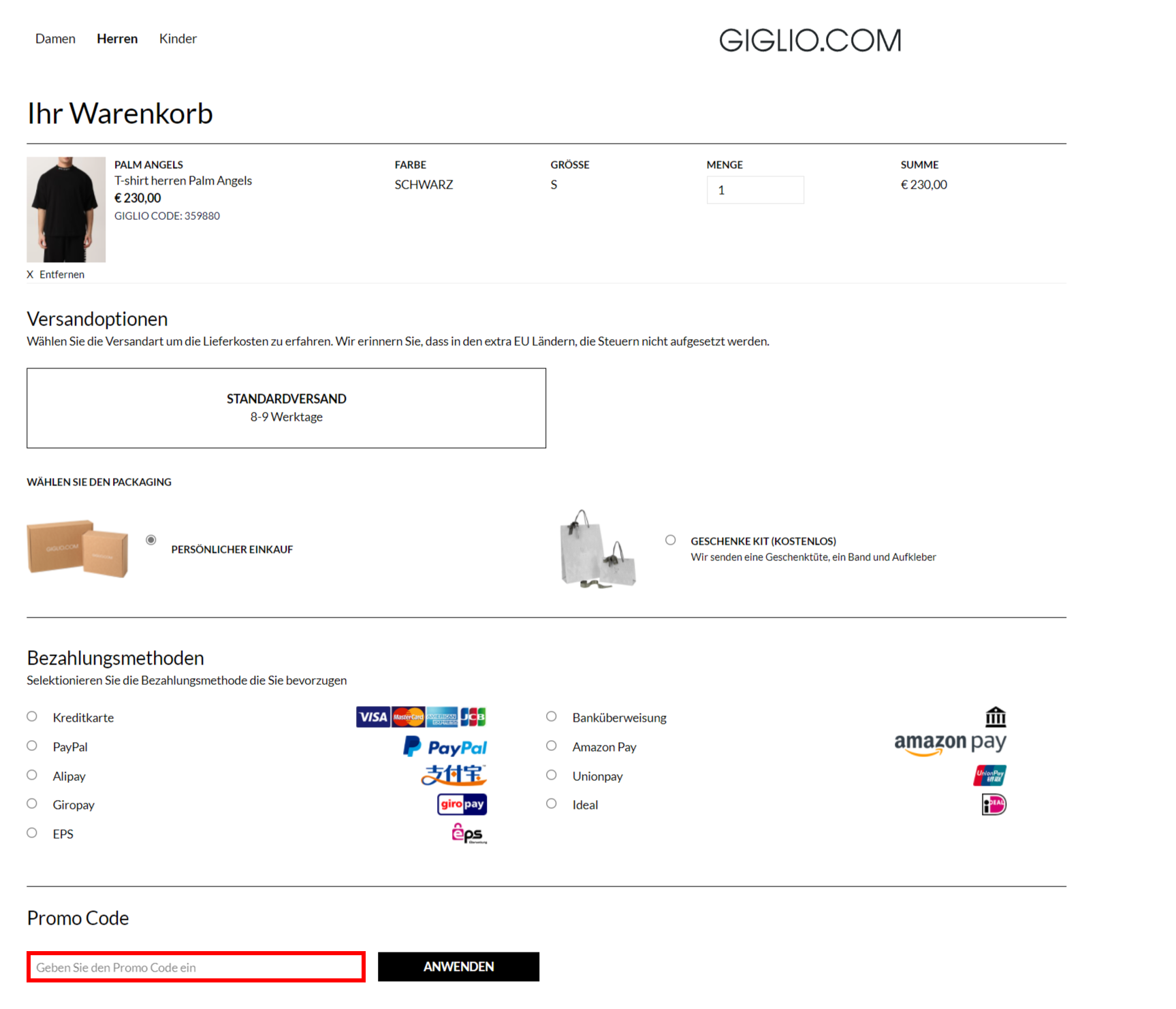 Der Giglio Warenkorb mit einem rotmarkiertem Feld für einen Giglio Gutscheincode
