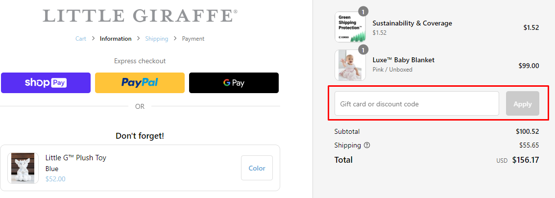 How do I use my Little Giraffe discount code?