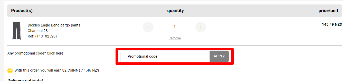 The brand checkout page with where to add the Tradeinn discount code is highlighted with a red box