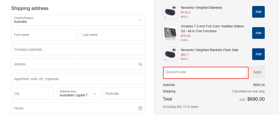 The highlighted red box at the brand checkout page is showing where to add the Newentor discount code.