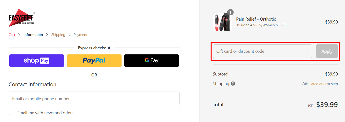 How do I use my EASYFEET discount code?
