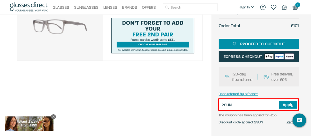 Glasses Direct checkout page where to enter discount code highlighted in a red box