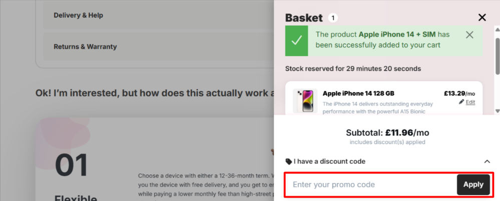 Applying a Grade Mobile promo code at the online checkout box
