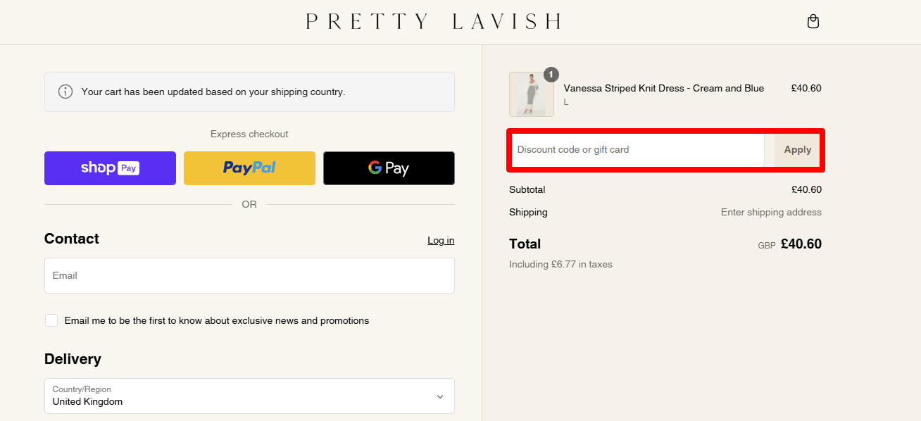 Paste your discount code in the red box and click 'Apply' to redeem it