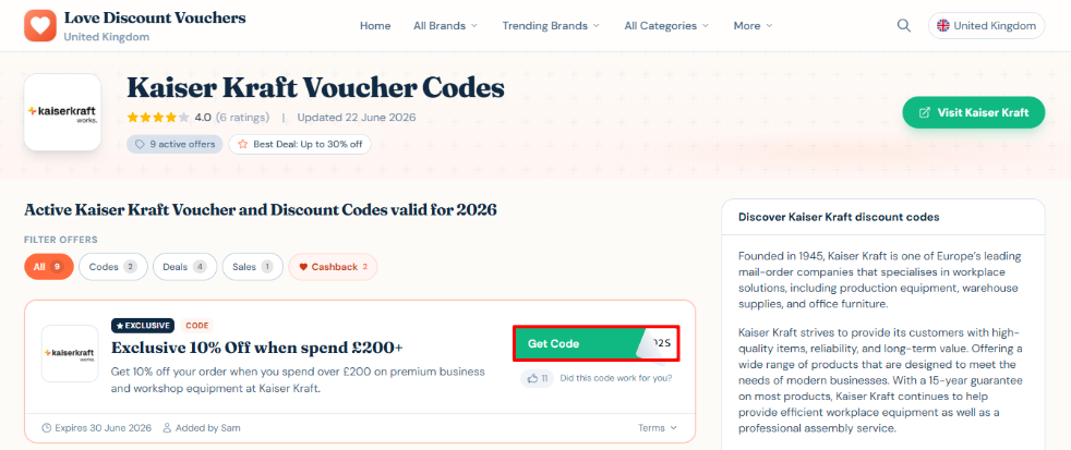 Love Discount Vouchers Kaiser Kraft discount codes where you can see the get code button