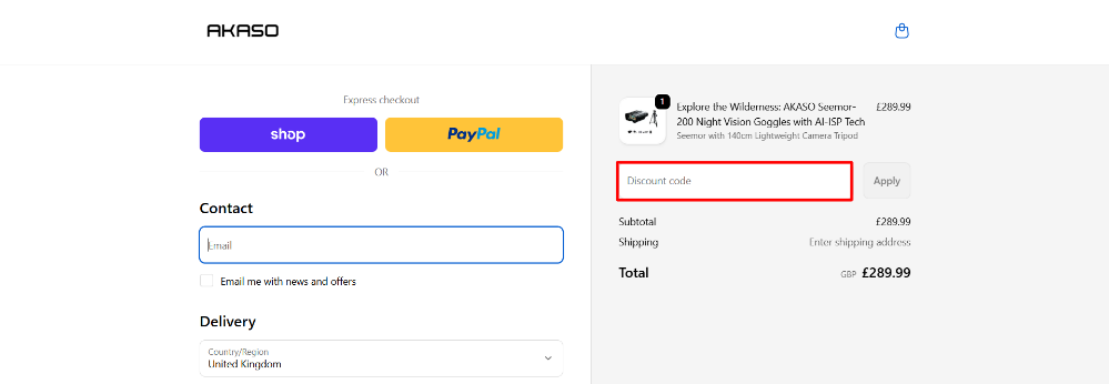 The AKASO checkout page and the discount box highlighted in red