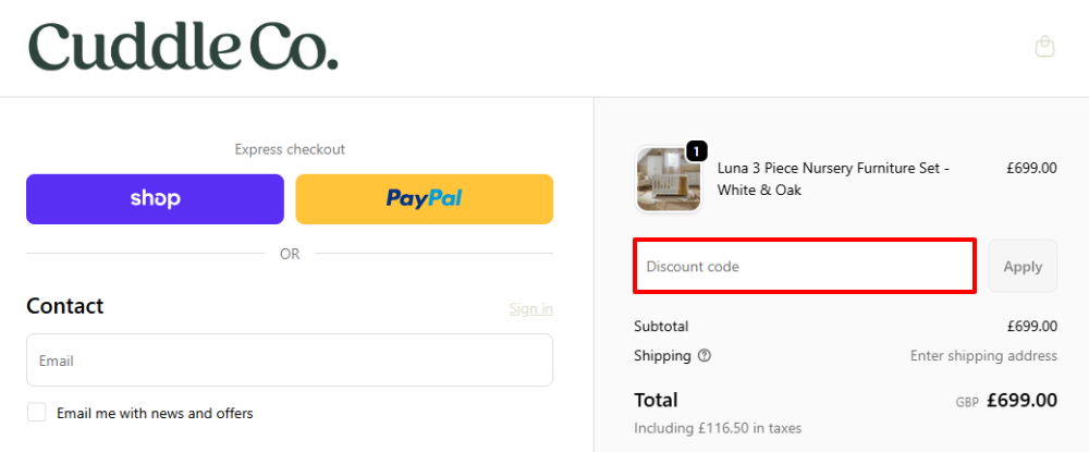 The CuddleCo checkout page with where to paste the CuddleCo voucher code in a red box