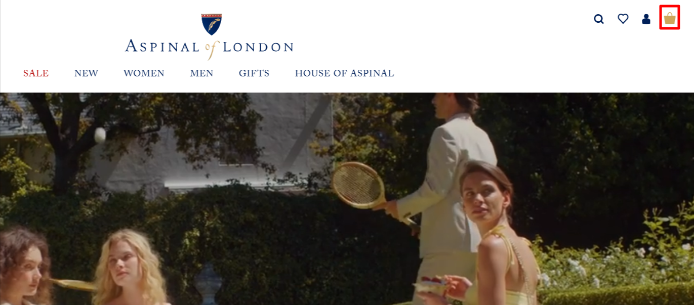The Aspinal of London shopping page and the basket icon at the top right-hand corner 