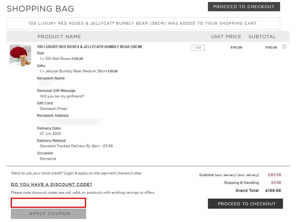 The Appleyard Flowers checkout page with where to paste the Appleyard Flowers voucher code in a red box