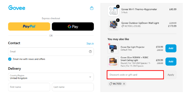 A box where you enter your Govee voucher code to redeem it
