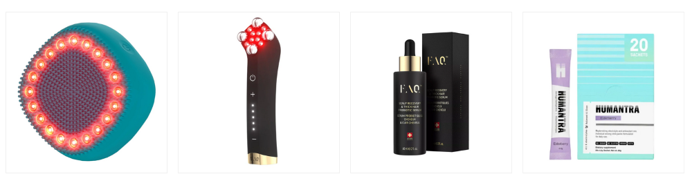 FAC scalp recovery and hair thickening serum bottle with dropper next to its black packaging box