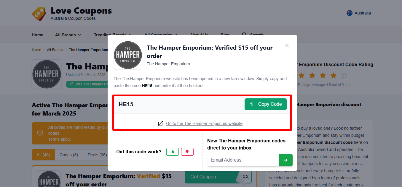 Love Coupons The Hamper Emporium discount code that you can see surrounded by a red box