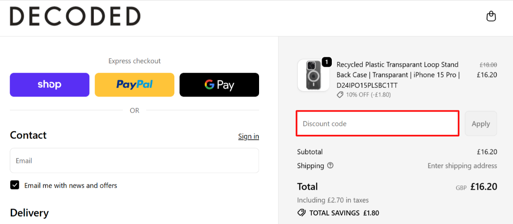 The DECODED checkout page with where to paste the DECODED voucher code in a red box