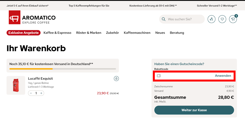 Warenkorb von Aromatico mit rotmarkiertem Eingabefeld für Gutscheincodes