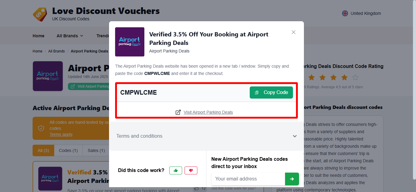 Love Discount Vouchers Airport Parking Deals discount code highlighted by a red box