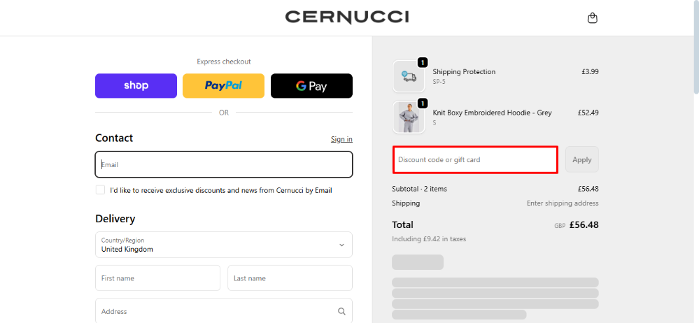 CERNUCCI checkout page where you can apply your CERNUCCI voucher code
