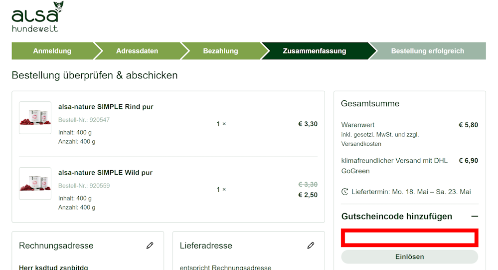 Bestellverlauf von alsa hundewelt mit rotmarkiertem Eingabefeld für Gutscheine