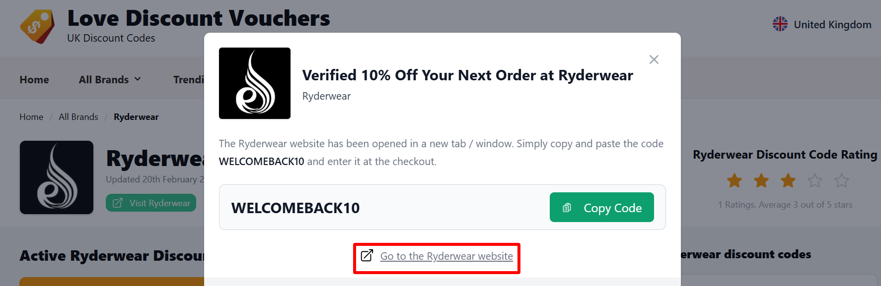 The highlighted red box shows the link that takes you to the Ryderwear website