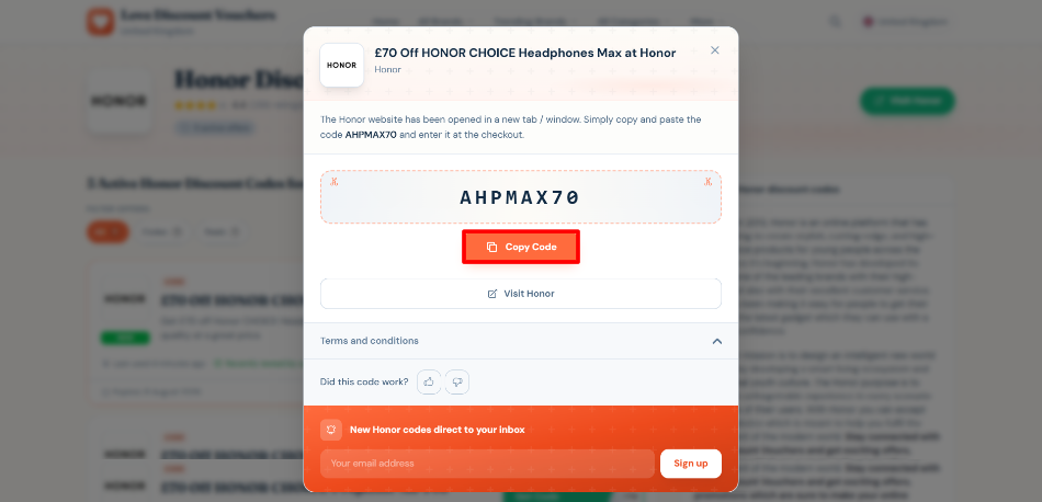 A pop-up displaying an Honor voucher code and its terms and conditions