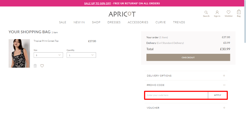 Apricot shopping bag page where you can apply your Apricot coupon code