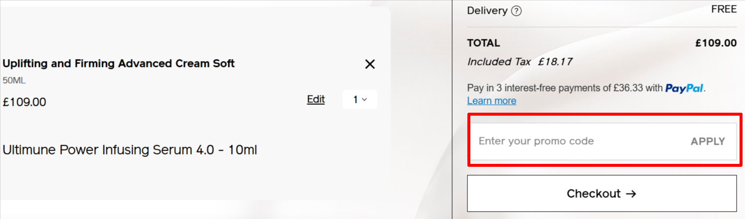 Shiseido promo code code box for customers at Shiseido’s website
