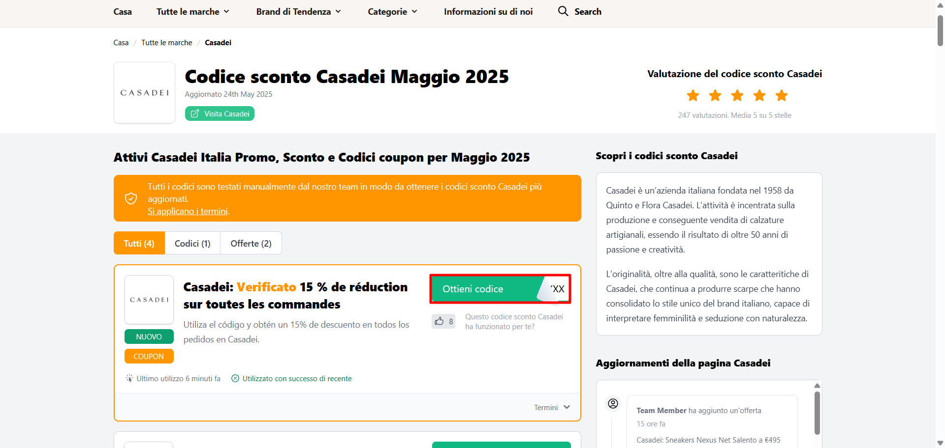 codice sconto Casadei visibile nella lista da poter prelevare ed utilizzare per comprare le calzature Casadei