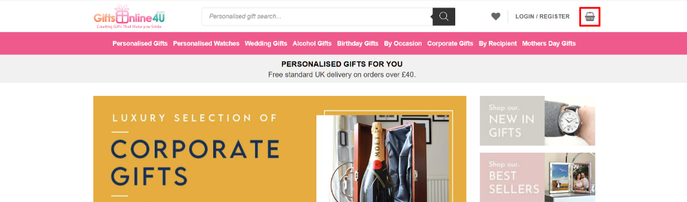 The GiftsOnline4u website and the shopping categories