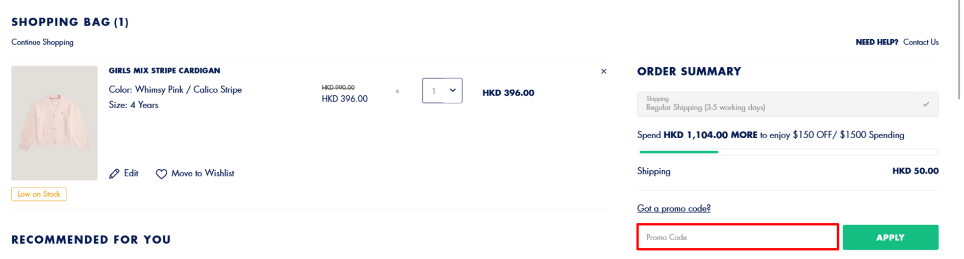 The brand checkout page with where to add the Tommy Hilfiger promo code is highlighted with a red box