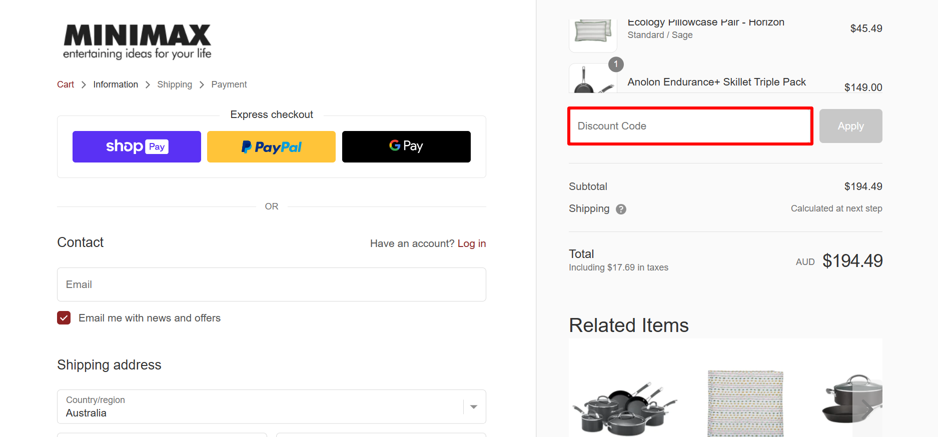 The highlighted red box at the brand checkout page is showing where to add the Minimax discount code.