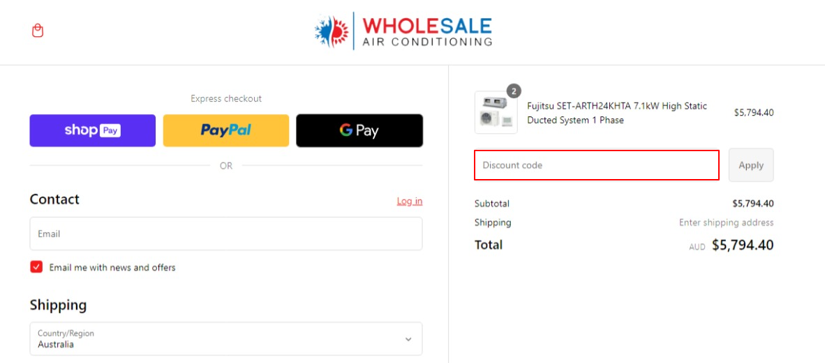 The highlighted red box at the brand checkout page is showing where to add the Wholesale Air Conditioning discount code.