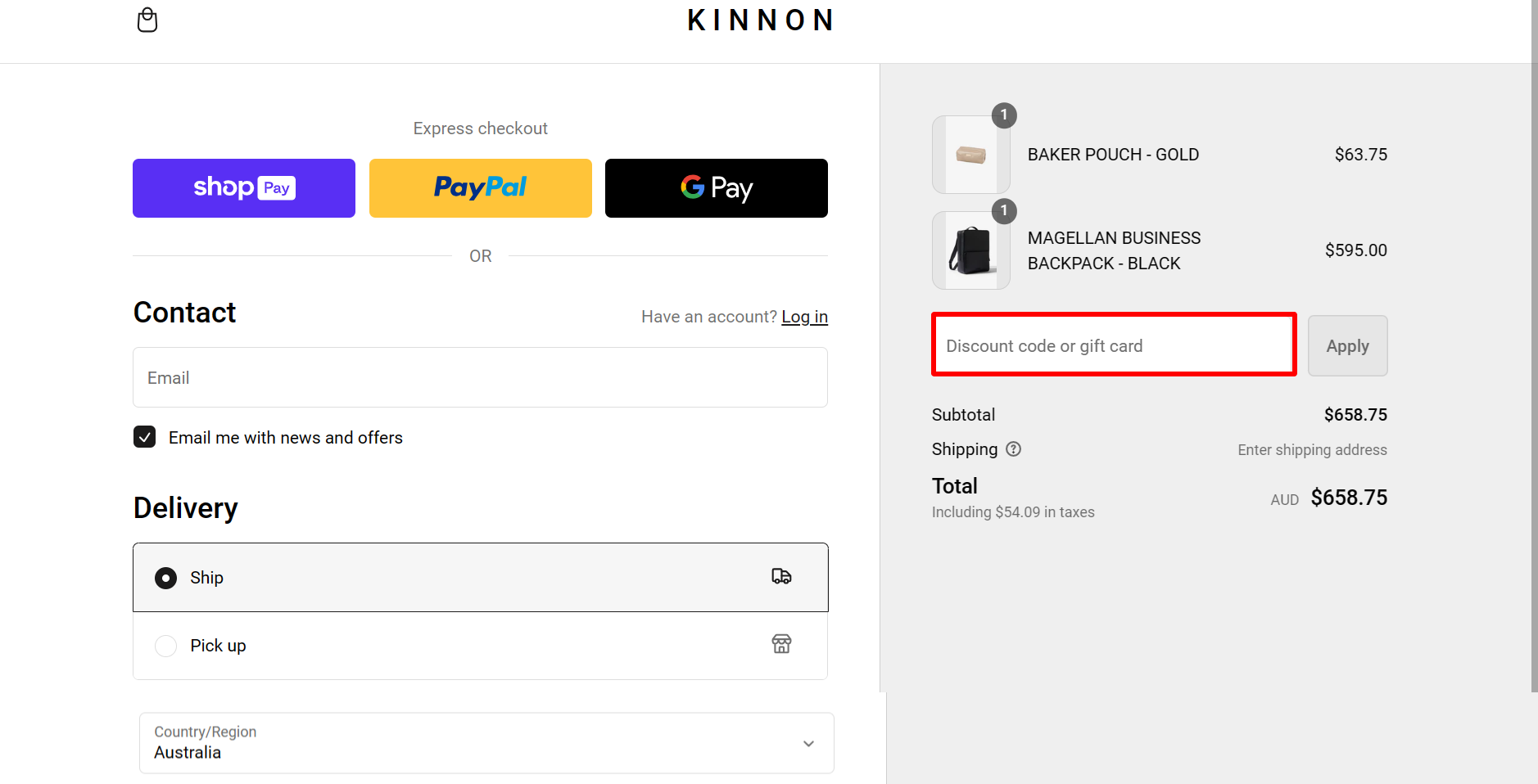 The highlighted red box at the brand checkout page is showing where to add the Kinnon discount code.