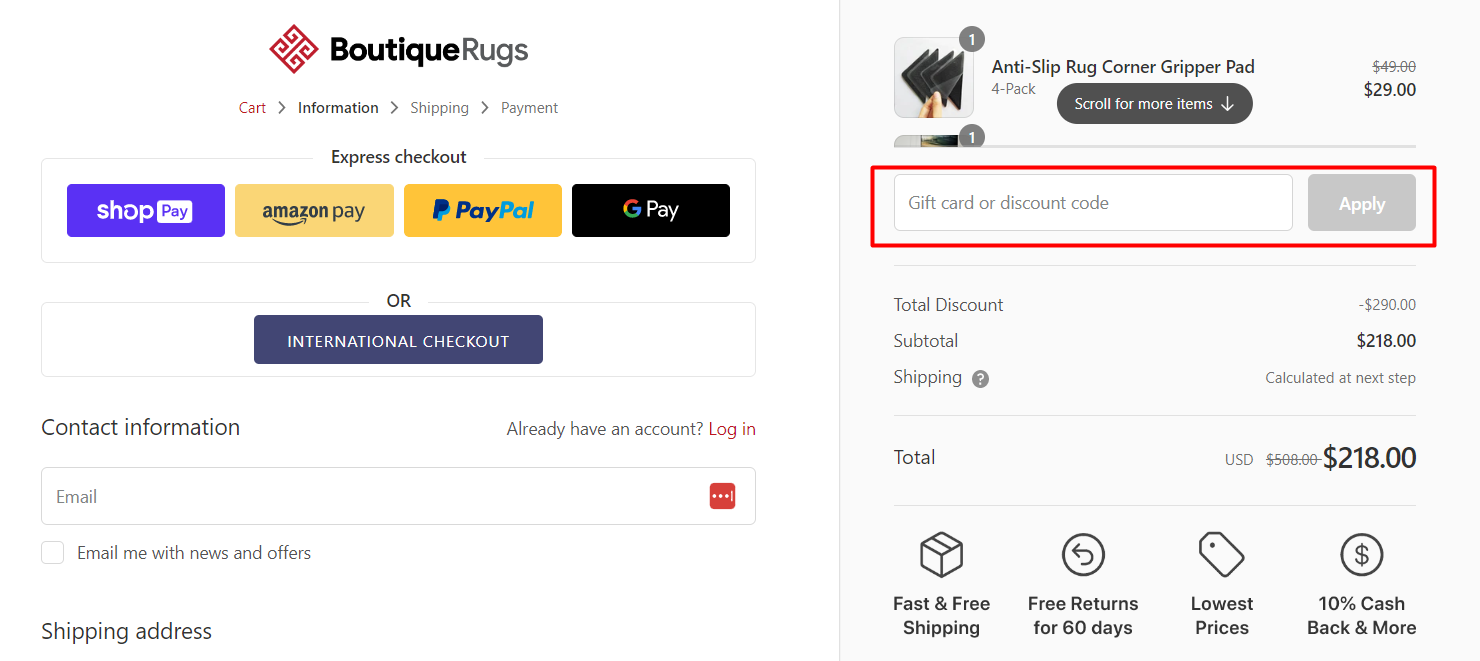 How do I use my Boutique Rugs discount code?