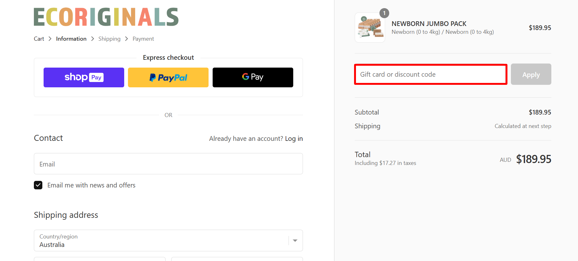 The brand checkout page with where to add the Ecoriginals discount code highlighted with a red box