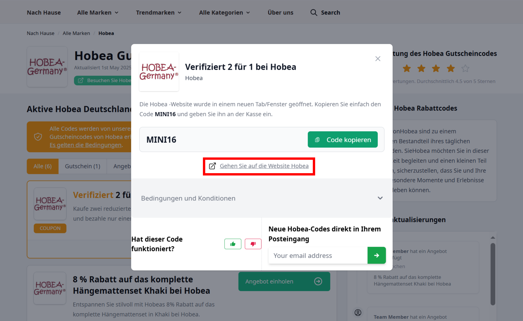 Ein offener Gutschein von Hobea mit einem rotmarkiertem Link