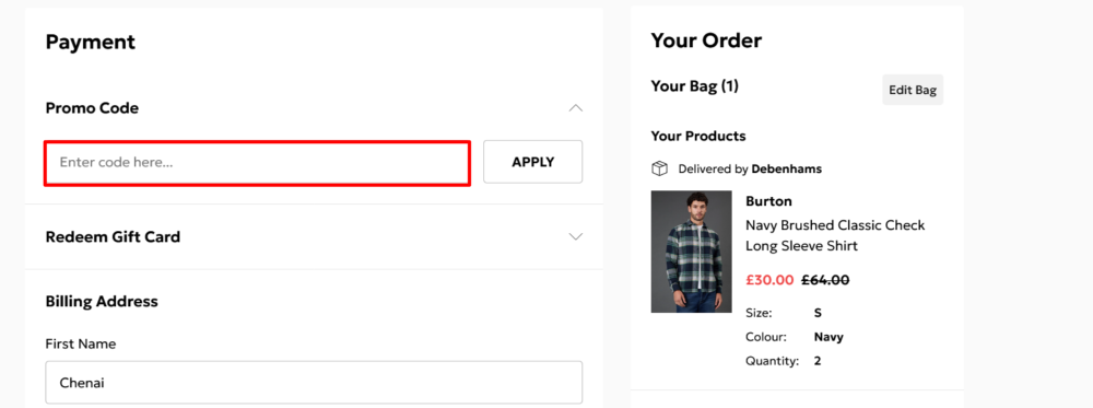Debenhams checkout page highlighted where to paste the code