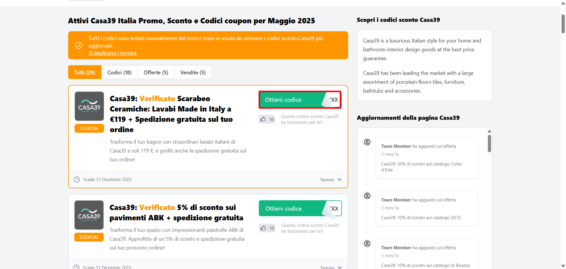 codice sconto Casa39 presente in lista da poter prelevare per risparmiare sul sito ufficiale Casa39