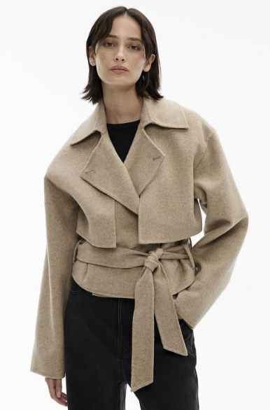 Women's coats and jackets: A model wearing a wool blend trench coat
