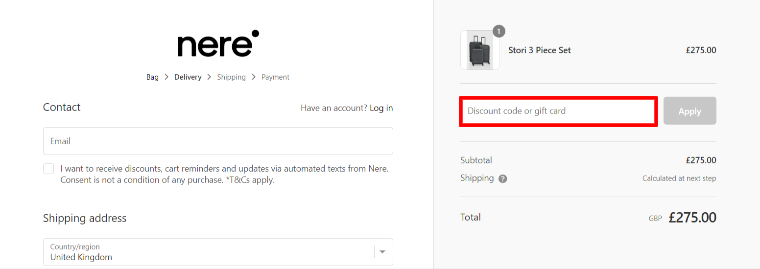 The brand checkout page with where to add the Nere discount code highlighted with a red box