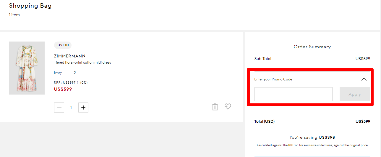 The brand checkout page with where to add the THE OUTNET promo code is highlighted with a red box
