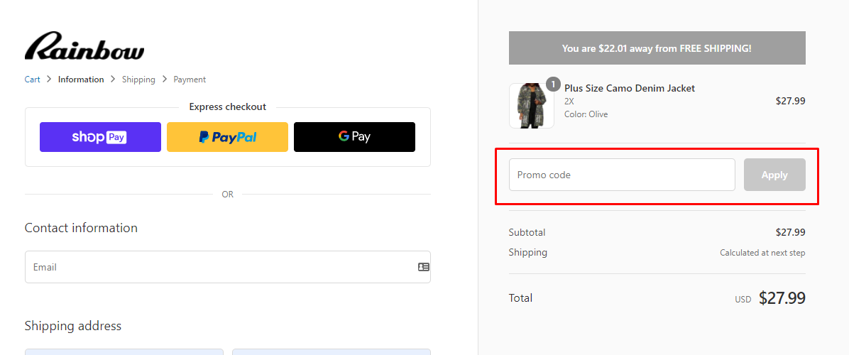 How do I use my Rainbowshops promo code?