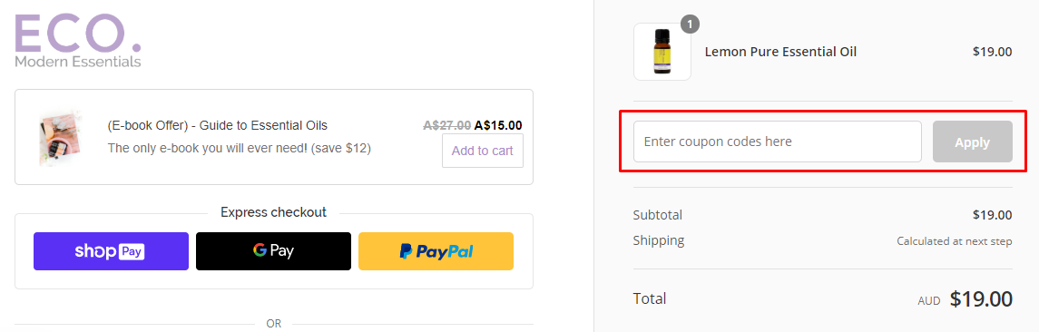 How do I use my Eco Modern Essentials coupon code?