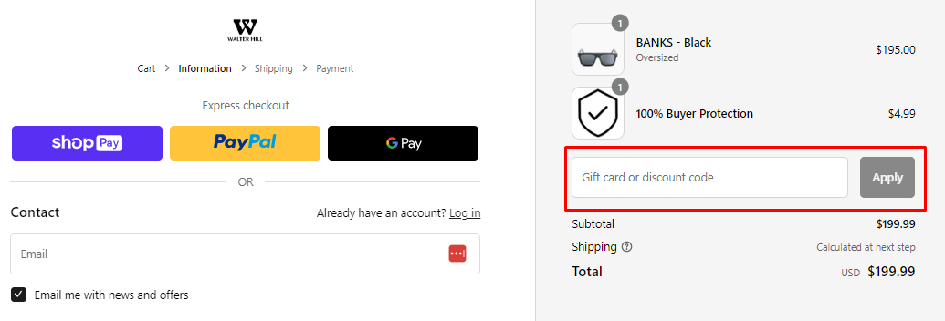 How do I use my Walter Hill discount code?