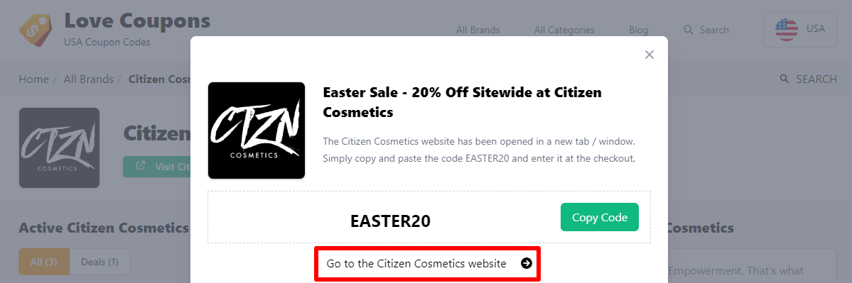 Box displayed on a darkened background of a Citizen Cosmetics discount code with the terms and conditions showing