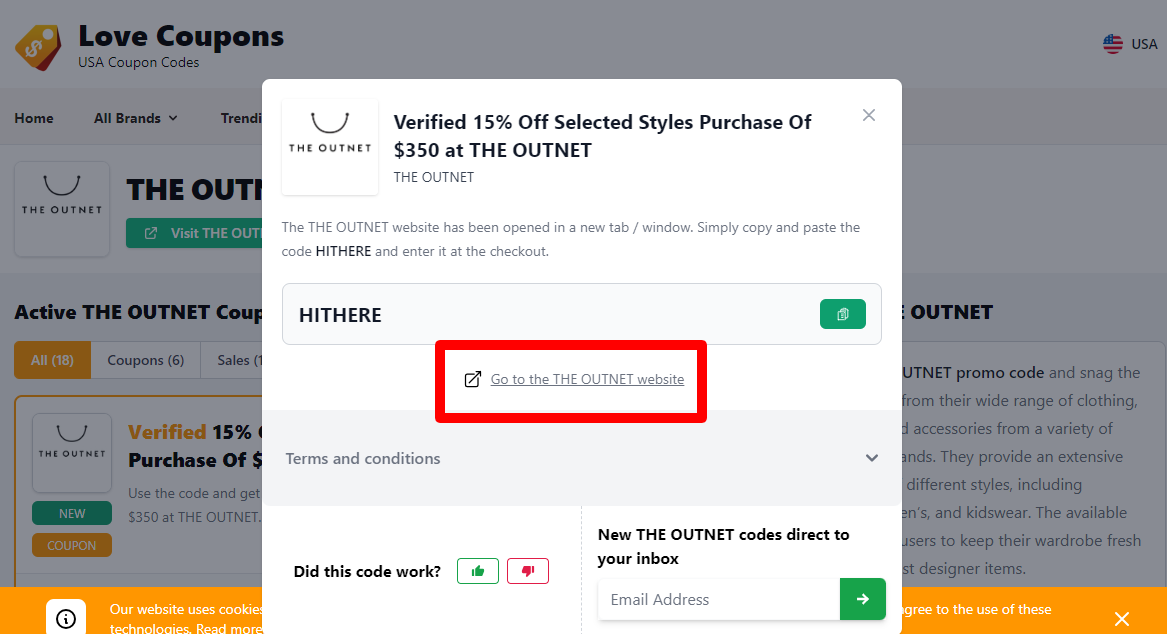 Box displayed on a darkened background of a THE OUTNET discount code with the terms and conditions showing
